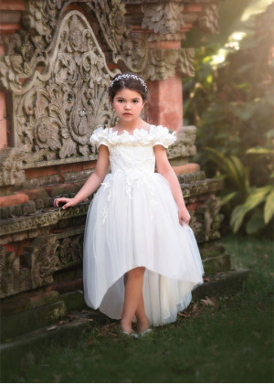 Cold Shoulder White Lace Tulle High Low Flower Girl Dress